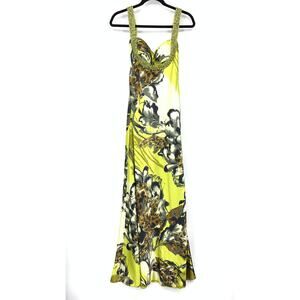 Vintage Y2K Lime Floral Satin Beaded Straps Formal Gown Women Size XS/S